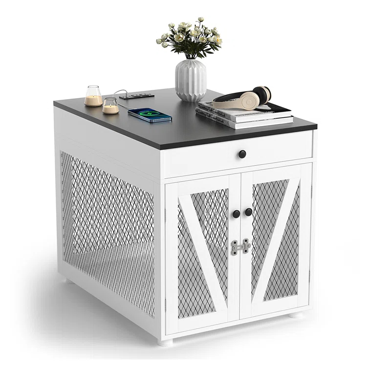 Tucker Murphy Pet™ Dog Crate Furniture, Wooden Dog Kennel End Table with USB Charging Station, Storage Drawer, Double Latched Door, Farmhouse Furniture-Style Crate Side Table for Dogs Under 40 lbs, Indoor Use