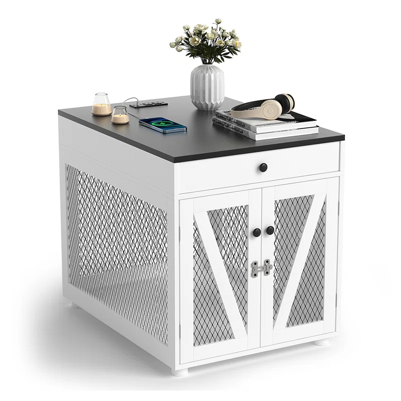Tucker Murphy Pet™ Dog Crate Furniture, Wooden Dog Kennel End Table with USB Charging Station, Storage Drawer, Double Latched Door, Farmhouse Furniture-Style Crate Side Table for Dogs Under 40 lbs, Indoor Use