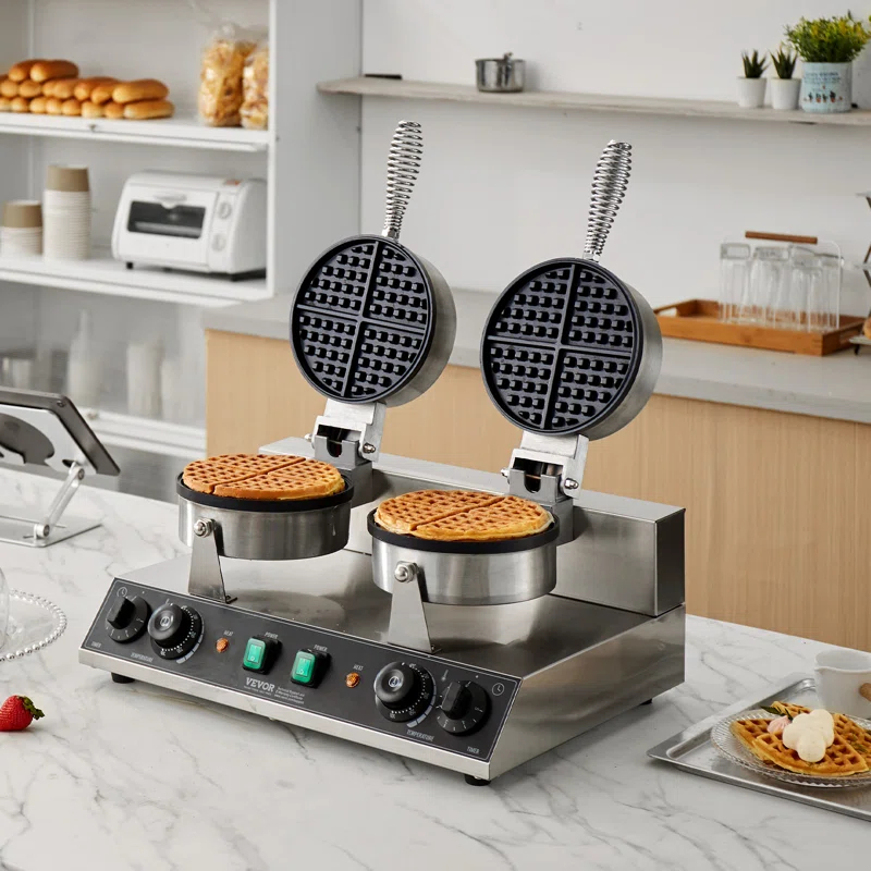 VEVOR Commercial Waffle Maker Dual-Head Round Waffle Iron 2460W Non-Stick