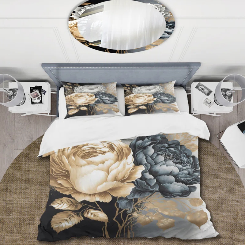 Design Art White, Gold And Black Rose Bouquet I - Floral Rose Duvet Cover Set - Microfiber Polyester