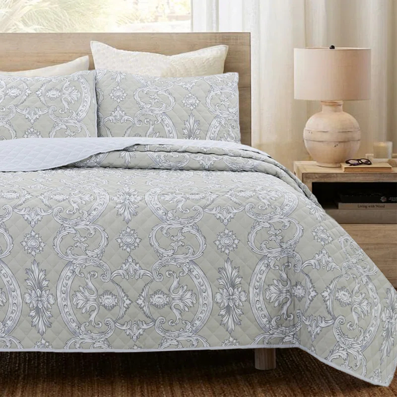 Cozy Line Home Fashion Gray Taupe Floral Majesty Medallion Geometric Shapes Quilt Set