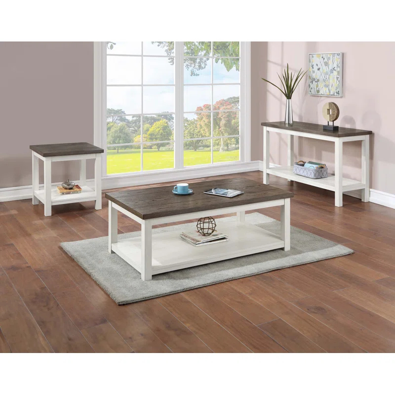 Gracie Oaks 3Pc Farmhouse Style Coffee Table Sofa Table End Table With Open Shelf Brown White Finish Living Room Wooden Contemporary Furniture