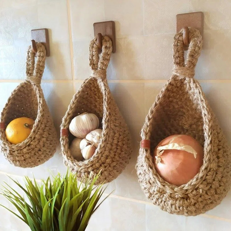 Hanging Fruit Baskets For Kitchen, 3 Pack Wall Hanging Fruit Baskets Boho Hanging Wall Basket, Hanging Kitchen Baskets For Fruits, Vegetables And Onion Storage (Set of 3)