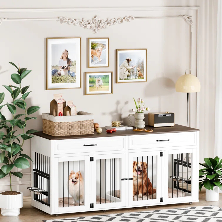Tucker Murphy Pet™ 71" Large Dog Crate Furniture Style W/2 Drawers  & Reversible Food Bowls, 8 360° Lockable Wheels
