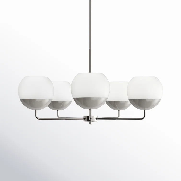 Alvin Midcentury 5-Light Brushed Nickel Chandelier with Milk Glass Shades