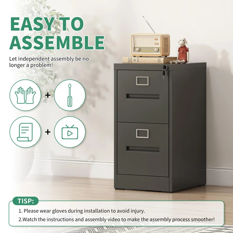 2 Drawer Metal Vertical File Cabinet with Lock for Home Office, A4/Letter/Legal Size, Assembly Required