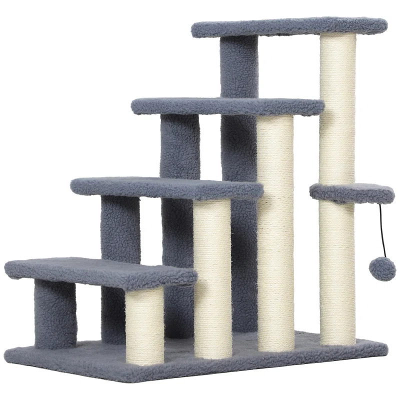 4 Levels Cat Steps, Pet Stairs Carpeted Ladder, Kitten Tree Climber With Scratching Posts, Hanging Play Ball, Side Step, For High Bed, Sofa, Gray