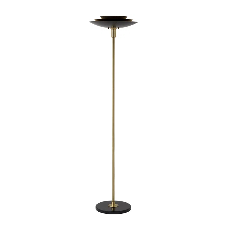 Rancho Mirage Torchiere Floor Lamp - Matte Black & Gold-Leaf Shade, Weathered Brass, Black Marble Base