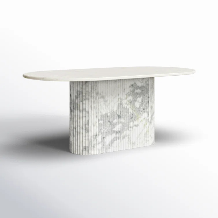 Polished White Marble Oval Dining Table with Fluted Base