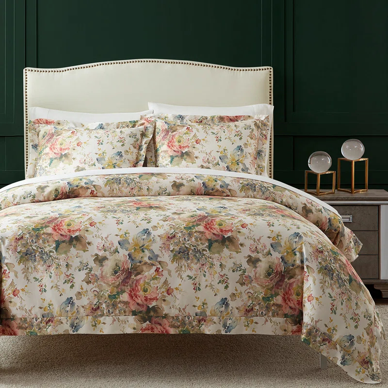 HiEnd Accents Lyocell Jardin Watercolor Floral Chic Casual 3 Piece Comforter Set