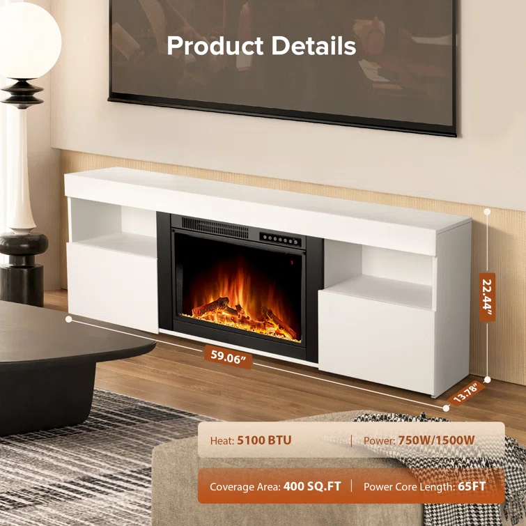 COWSAR COWSAR TV Stand for TVs up to 60" with Electric Fireplace with Remote Control,Adjustable Real 3d Flame Brightness