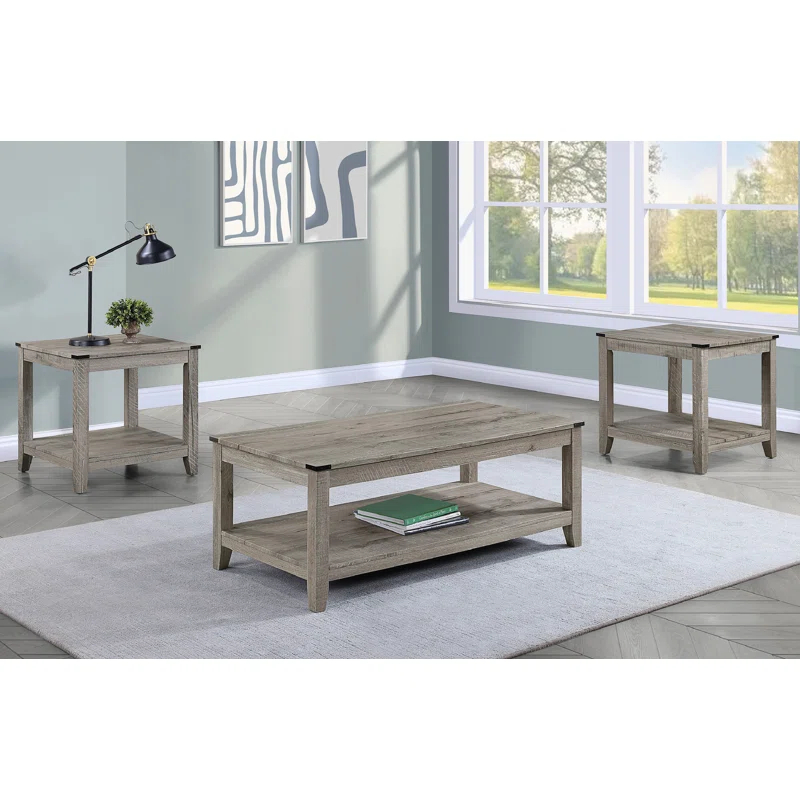 August Grove® Rustic Gray Brown 3-Piece Cocktail Set Wooden Table Top Rectangular Coffee Table And Two Matching Square End Tables Living Room Wooden Furniture Retro