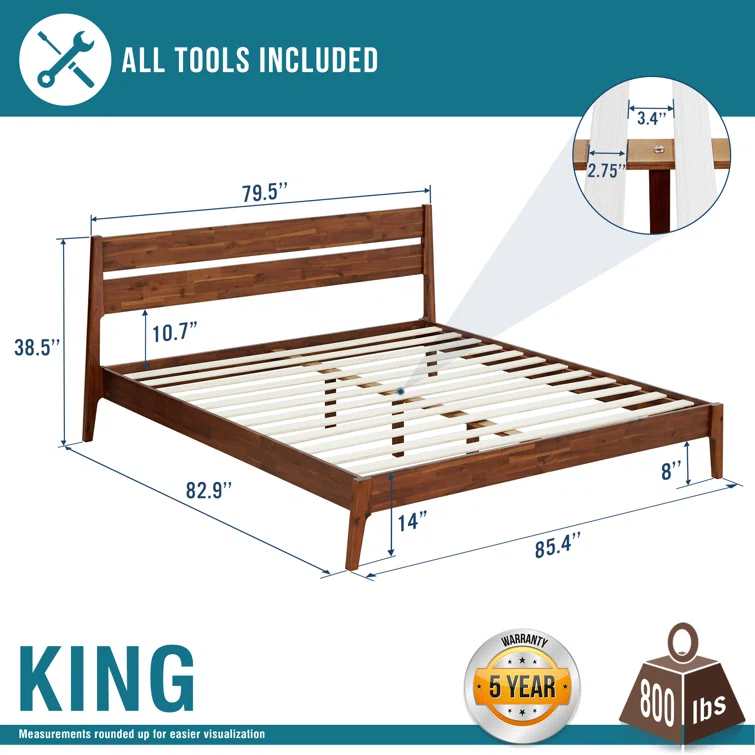 Acacia Callisto Solid Wood Bed Frame with Headboard, 800 lbs Capacity Bed Frame Compatible with All Mattresses, No Box Spring Needed, 5years Warranty