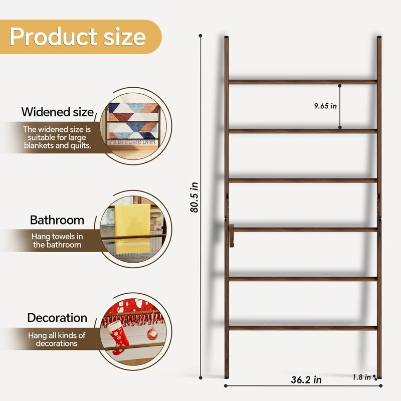 Red Barrel Studio® 6-Tier Wide Double Blanket Ladder Wood, Rustic Decorative Towel Rack For Big Blanket, Towel, Quilt, Clothes, Freestanding Blanket Holder Towel Ladder Decor Stand For Living Room, Bedroom