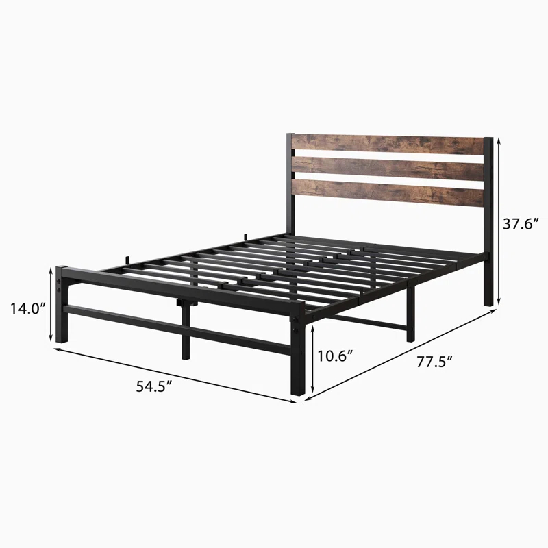 Full Size Platform Bed Frame with Rustic Vintage Wood Headboard,  No Box Spring Needed Rustic Brown