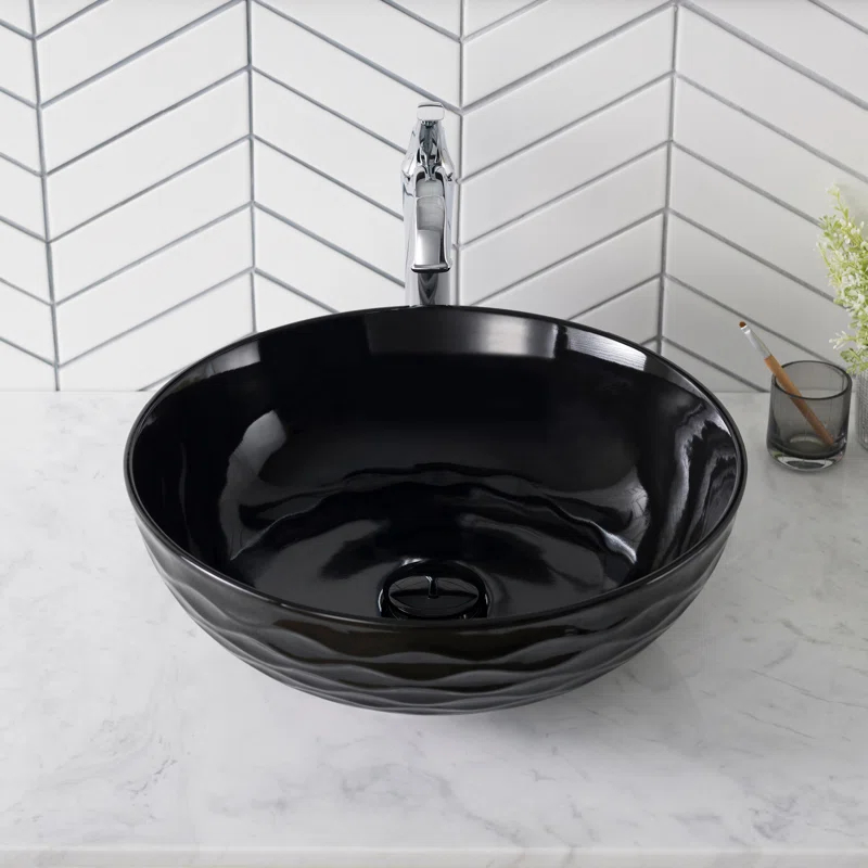KRAUS Viva Thin Porcelain Ceramic Vessel Bathroom Sink with Pop-Up Drain