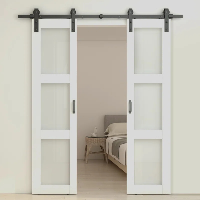 Calhome 3-Lite Tempered Frosted Glass White Finished Composite Double Sliding Barn Door with Hardware Kit Handle