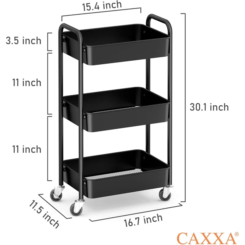 Zeki Shoggy 3-Tier Rolling Metal Storage Organizer - Mobile Utility Cart, Kitchen Cart With Caster Wheels (Black)