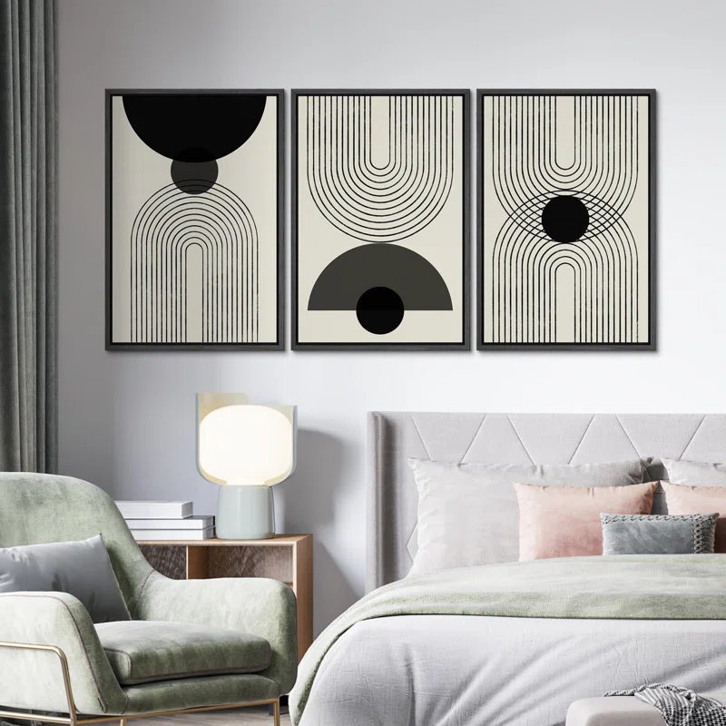 Mid-Century Modern Black And White Minimalist Abstract Home Decor Framed Wall Art Work Canvas Print