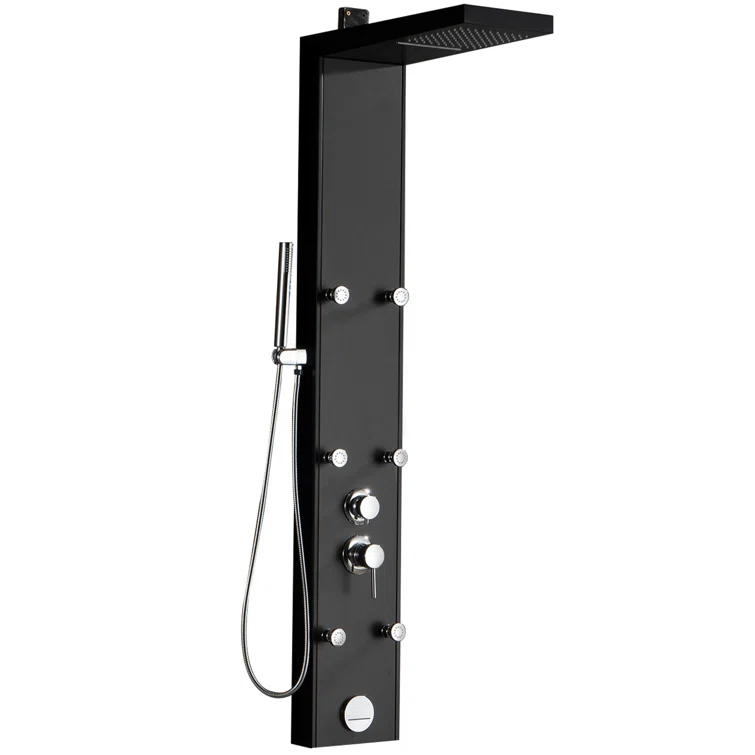 Greenspring 6-Jet Rainfall Shower Panel System With Spa Jets Rainfall Waterfall Shower Head And Shower Wand Marble Finish In Black GSP42D