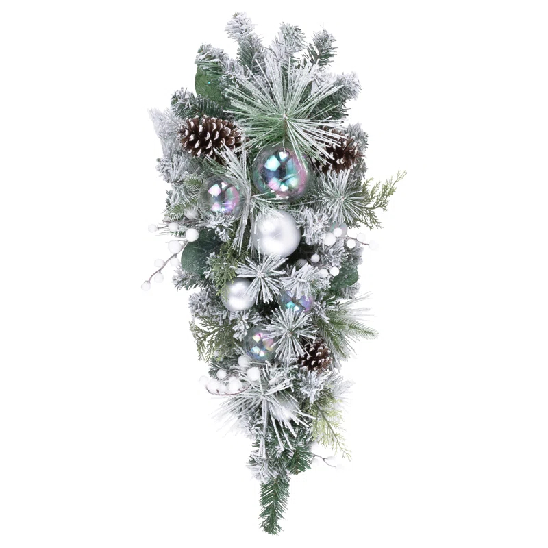 Northlight Seasonal 30" Flocked Pine Artificial Christmas Teardrop Swag with Iridescent Ornaments - Unlit