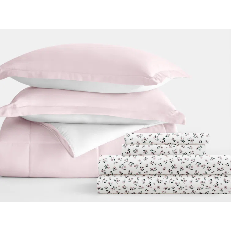 IEnjoy Home 7-Piece Reversible Bedding Bundle - Solid Comforter and Patterned Sheet Set