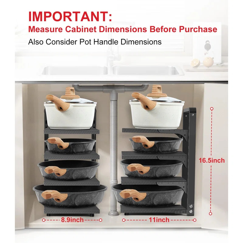 Prep & Savour Heavy Duty Pan Organizers For Cabinet & Counter 4 Tier Adjustable Pan & Pot Rack For Kitchen Cabinet Organizers And Storage