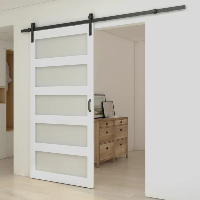 Calhome 5 Lite Tempered Frosted Glass Finished Composite Interior Sliding Barn Door with Hardware Kit