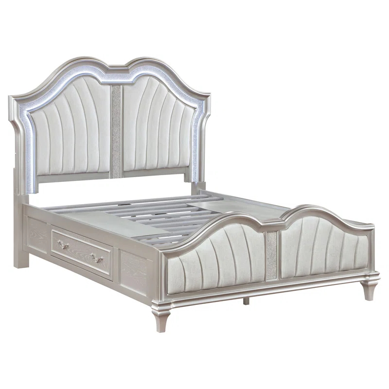 Benjara Nive Bed, LED Arch, Ivory Upholstery, Storage, Silver