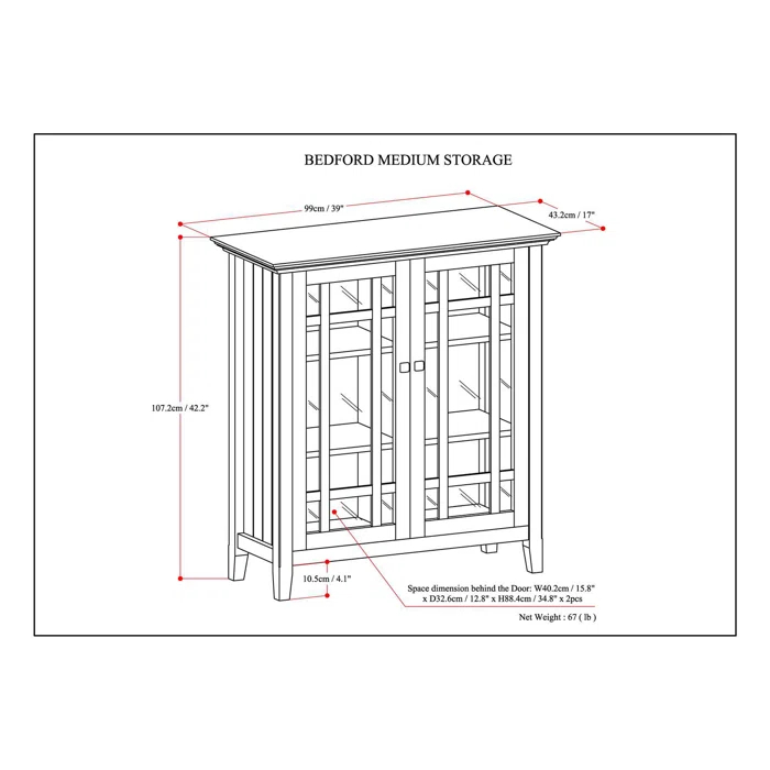 Simpli Home Bedford 39"W Solid Wood 4-Shelf Medium Storage Cabinet with Glass Doors and Adjustable Shelves
