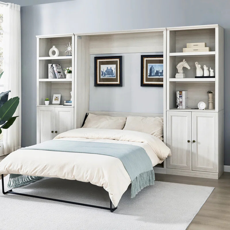 LOONGFIELD Full Size Half Self-Close And Open Murphy Bed With 2 Side Cabinet Storage Shelf, Cabinet Space-Saving Bed Perfect For Guest Room, Bed Room, Guest Room, Home Office