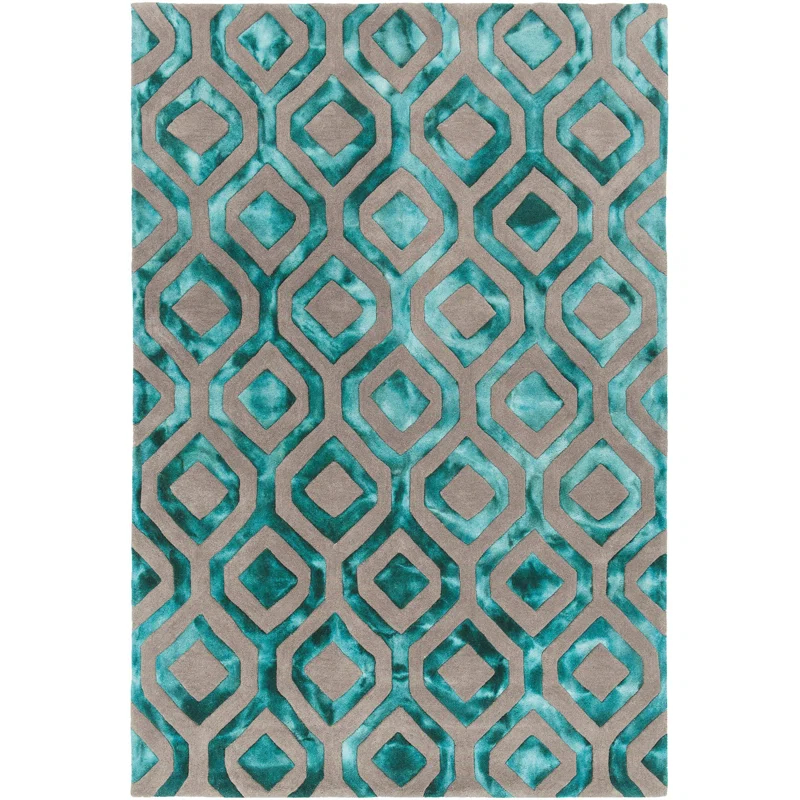 Fran Geometric Handmade Tufted Wool Area Rug in Teal/Gray