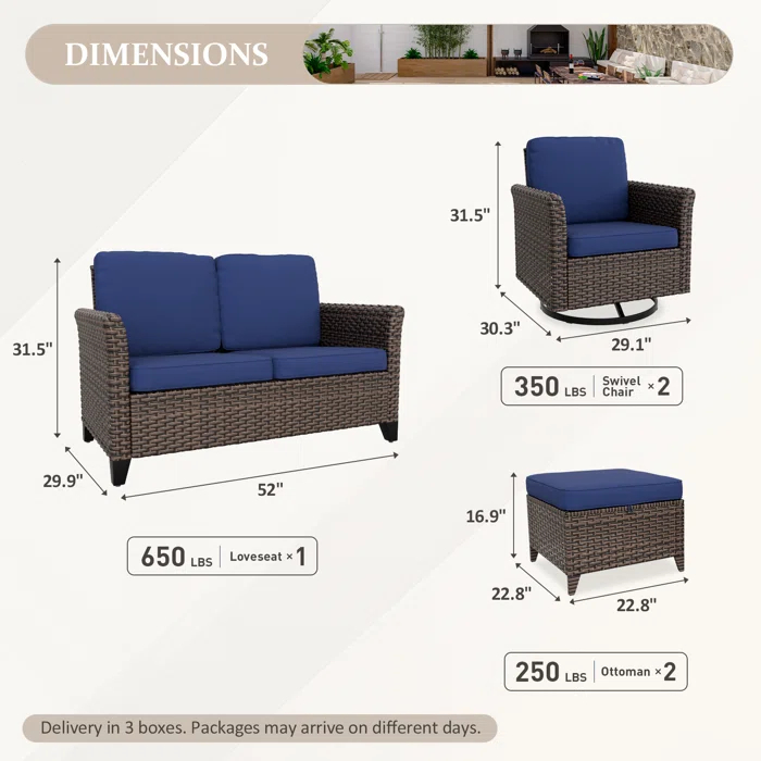 EAGLE PEAK 5-Piece Spacious Seating Swivel Chair Seating Group Patio Multi-brown Wicker Rattan Loveseat Sofa Set with Cushions