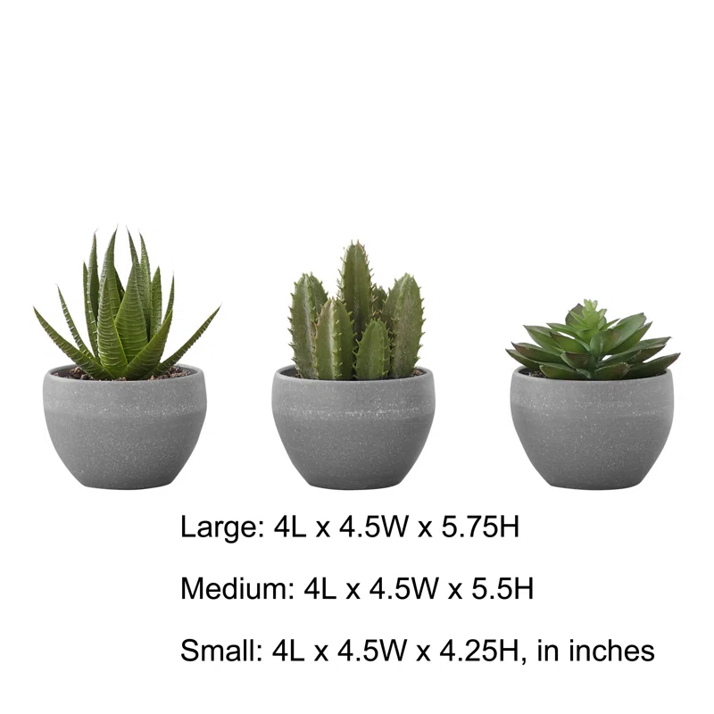 Benjara Artificial Succulents Silk Plant Indoor Set of 3, Green, Gray Cement