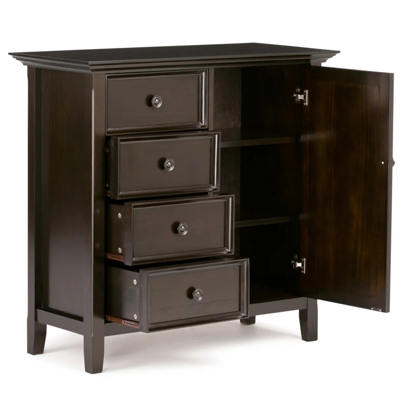 Simpli Home Amherst 32"W Solid Wood 2-Shelf Low Storage Cabinet with Adjustable Shelves and Tapered Legs