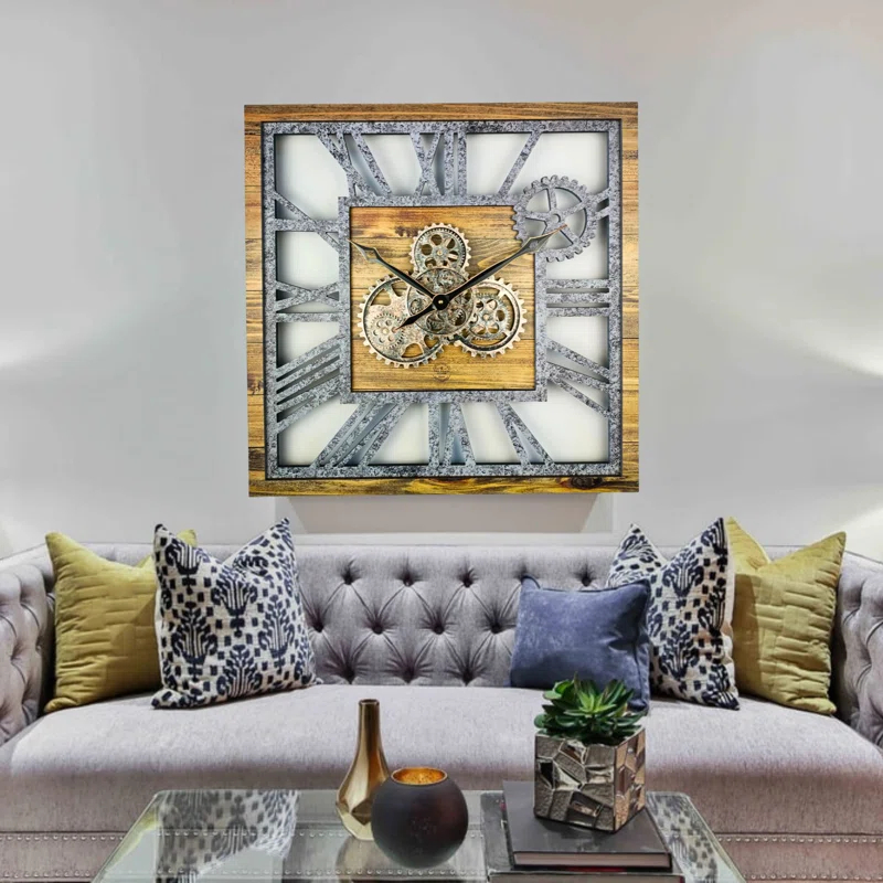 Wall Clock 24" Square Oversized for Living Room decor with Real Moving Gears America Collection