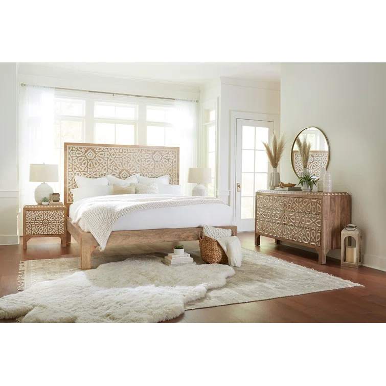 Natural White Mango Wood Queen Bed with Carved Headboard