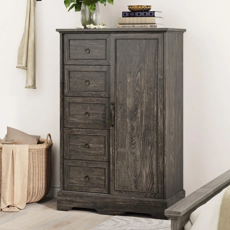 Gracie Oaks 5 Drawers Dresser With Cabinet, 48" Tall Chest, Wooden Closet Dresser With Sliding Barn Door For Living Room, Hallway