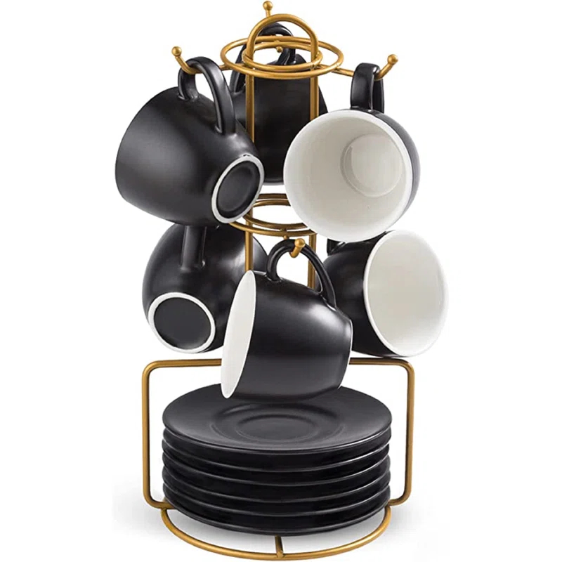 QXXSJ 3 Ounces Espresso Cups With Saucers Set, Porcelain Latte Cups And Metal Stand Demitasse Cups For Espresso, Latte, Cafe Mocha, Cappuccino And Tea, Set Of 6, Black