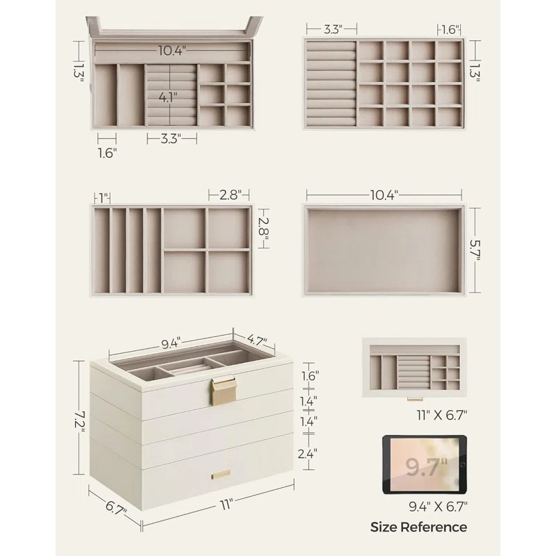 Latitude Run® Stackable Jewelry Trays, 4-Tier Jewelry Box, Drawer Jewelry Organizer, With Glass Lid, Removable Dividers, For Vanity Table, 6.7 X 11 X 7.2 Inches, Cloud White