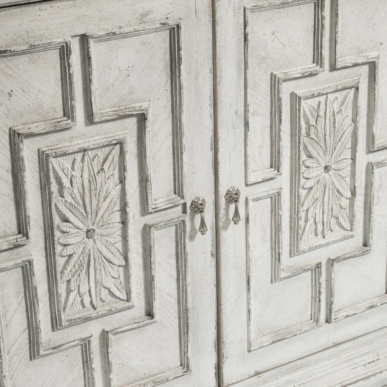 Pulaski Furniture 4 Door Rosette Carved Entertainment Credenza in Distressed White