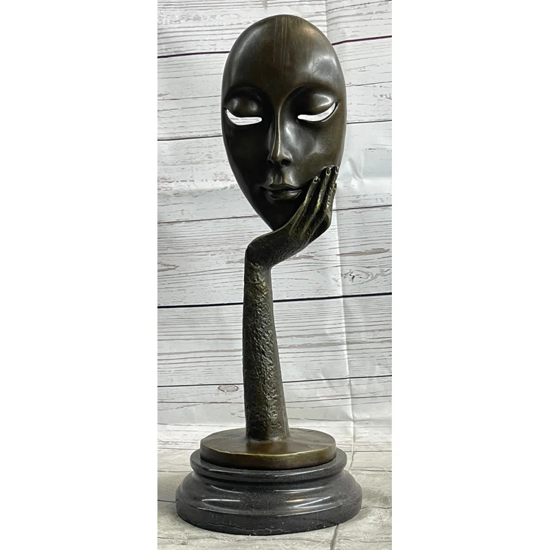Red Barrel Studio® Tekira Abstract Surreal Bronze Floating Female Face Mask Original Art Sculpture on Marble Base
