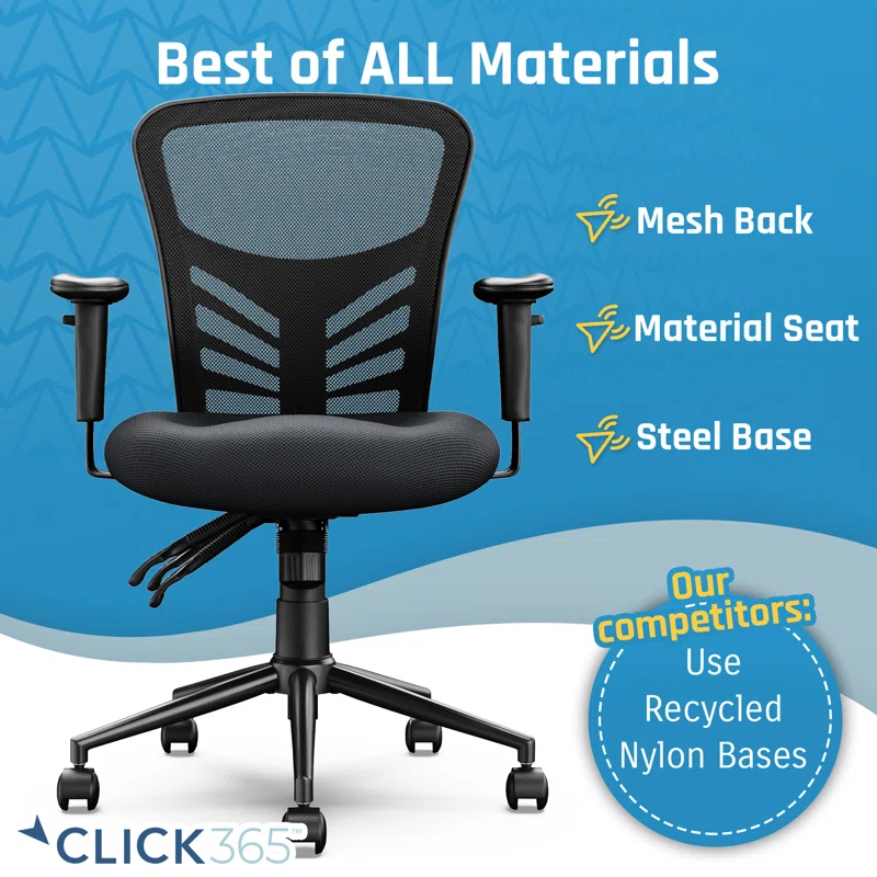CLICK365 Click365 Flow Mid Back Mesh Office Chair, Extra Padded Seat Cushion, Adjustable Armrest Back Height