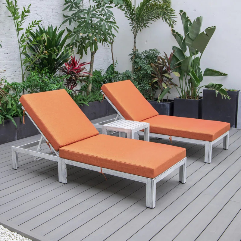 LeisureMod Outdoor Metal Chaise Lounge - Set of 2 with Table (Set of 2)