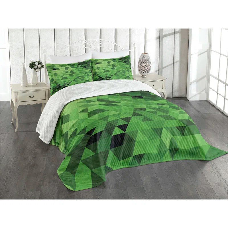 Ambesonne Ambesonne Green Bedspread Set  Triangles Abstract Mosaic  Dark Green Pale Green