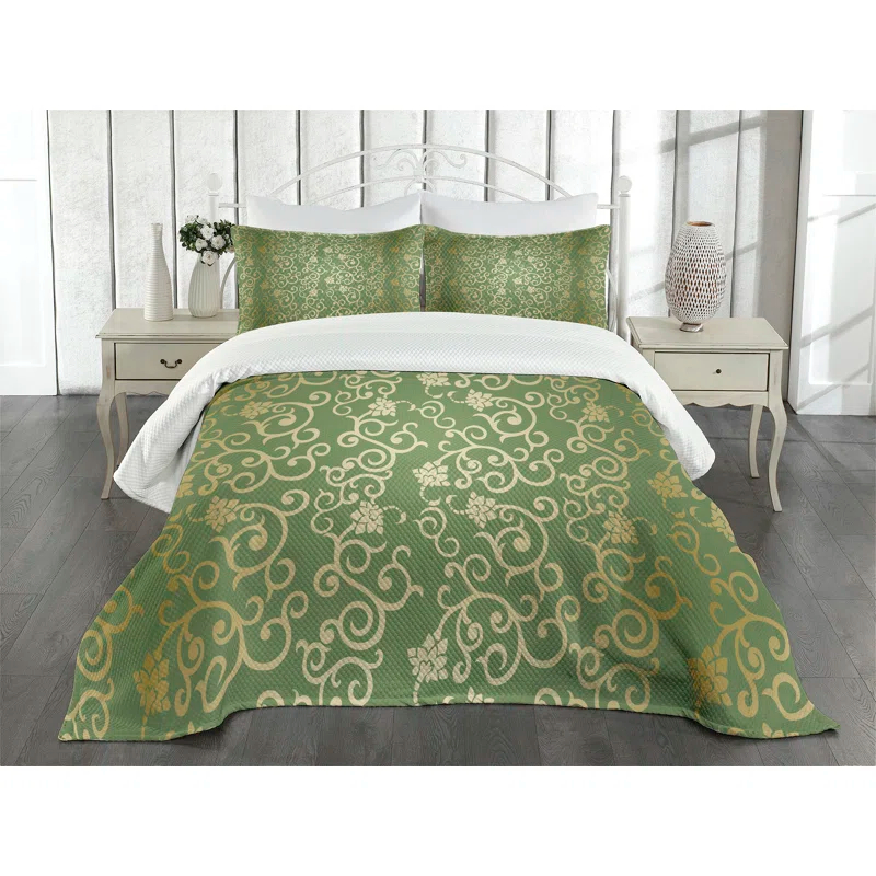 Ambesonne Green and Yellow Bedspread Set 3 Pcs Floral Curls Queen Green Yellow