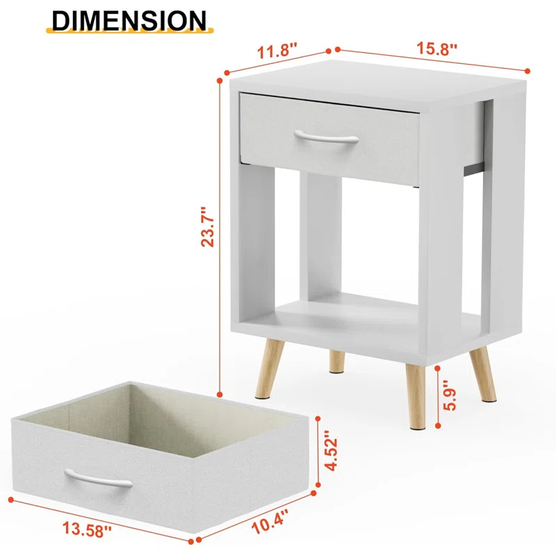 17 Stories Nightstands Set Of 2 With Fabric Storage Drawer And Open Wood Shelf, Side Table With Storage For Bedroom, Bedside Tables - 23.7" H