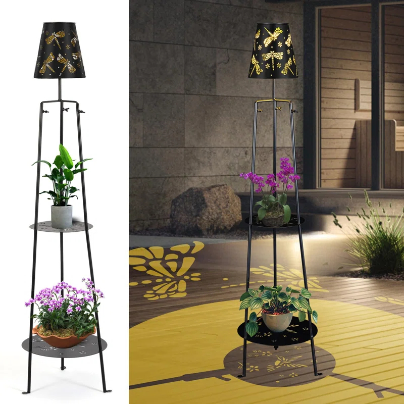 TULGIX Outdoor Metal Solar Floor Lamps With 2 Plant Stand