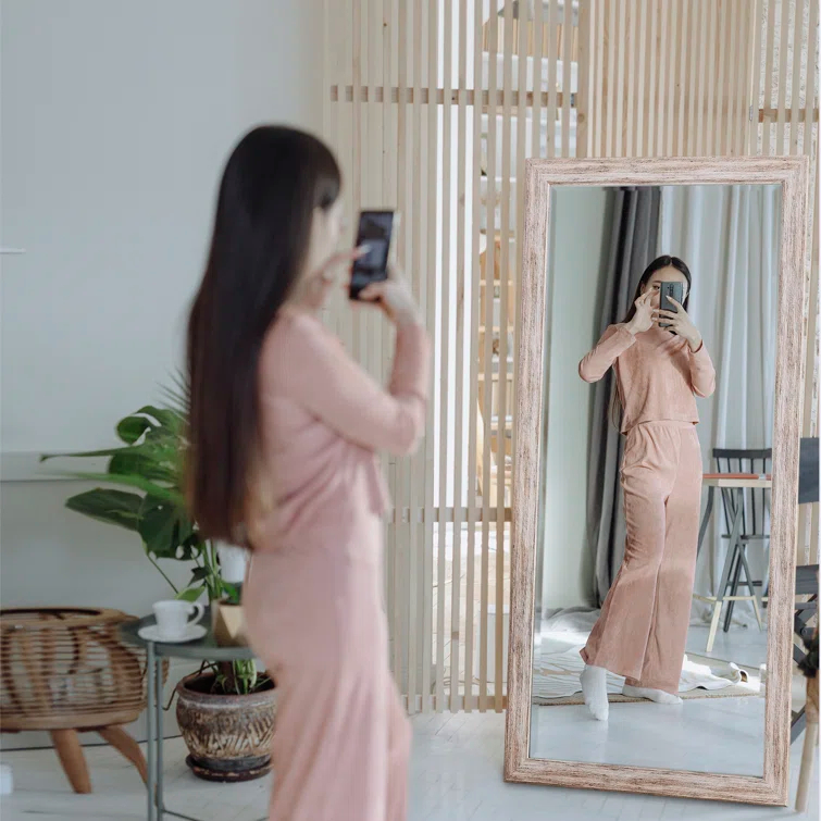 Highland Dunes Lindberg Rectangle Full Length Mirror, Faux Wood Farmhouse Mirror, Floor Mirror