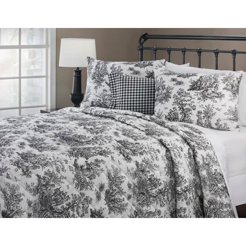 Victor Mill Jamestown toile black and white 4 Piece Quilt Set